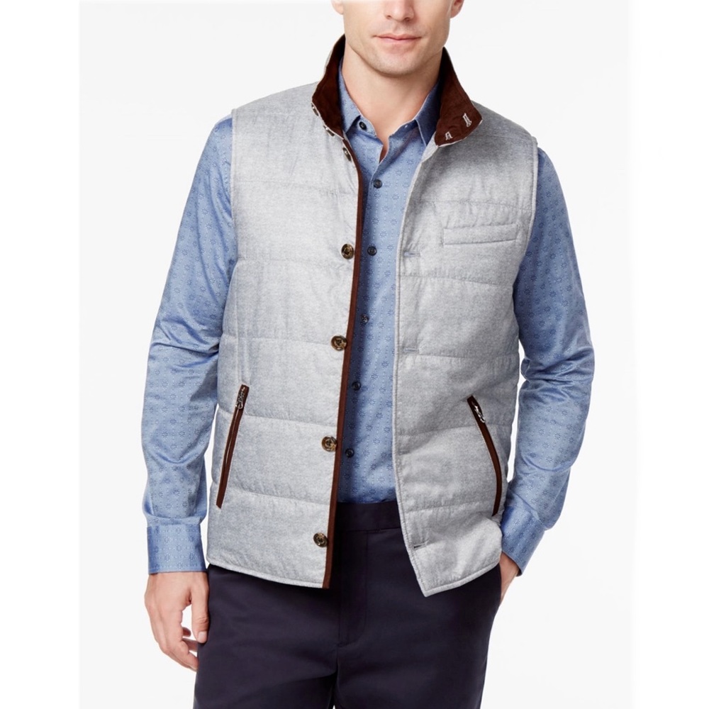 Tasso Elba Reggie Quilted Puffer Vest Men’s Medium Greycombo Suede Trim Gray